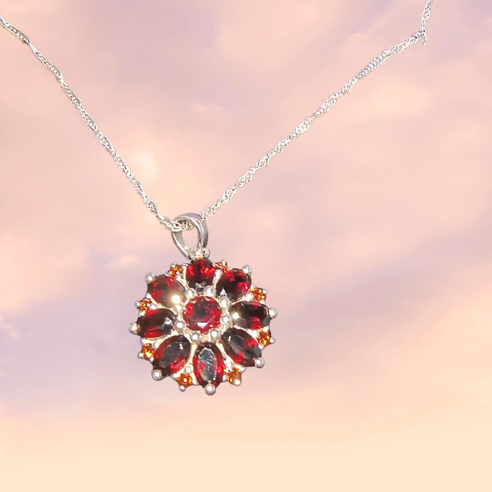 Sterling Silver Garnet Flower Cluster Necklace NWOT